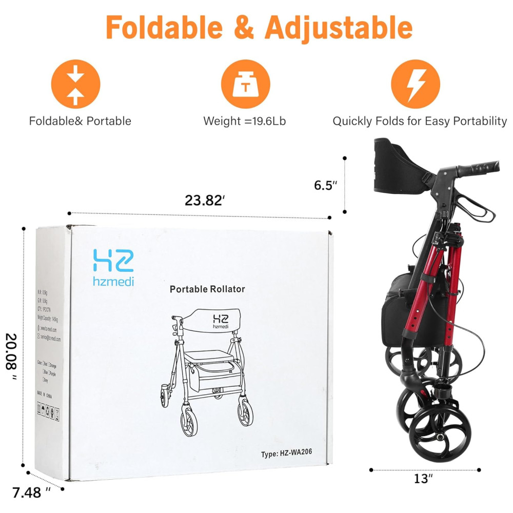 Andador com Assento para Idosos, Dobrável em Alumínio, Rodas de 20cm Ajustáveis, Ideal para Adultos em Mobilidade,HZ HZMEDI - Imagem 7