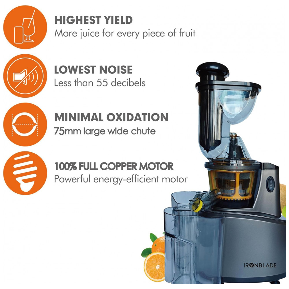 Extrator de Sucos EMB Ironblade IBLJU20 Cold Press, Alto Rendimento, Operação Silenciosa 55dB, Boca Larga 75mm, Motor de Cobre Completo, Livre de BPA, - Imagem 3