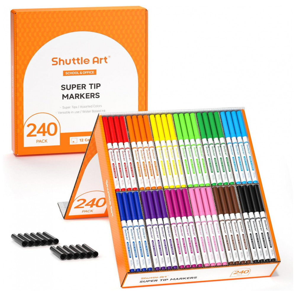 Conjunto de Canetas Artisticas 240 Unidades de Pontas Laváveis, 12 Cores Sortidas Marcadores e Tampas Bônus para Crianças e Adultos, Shuttle Art