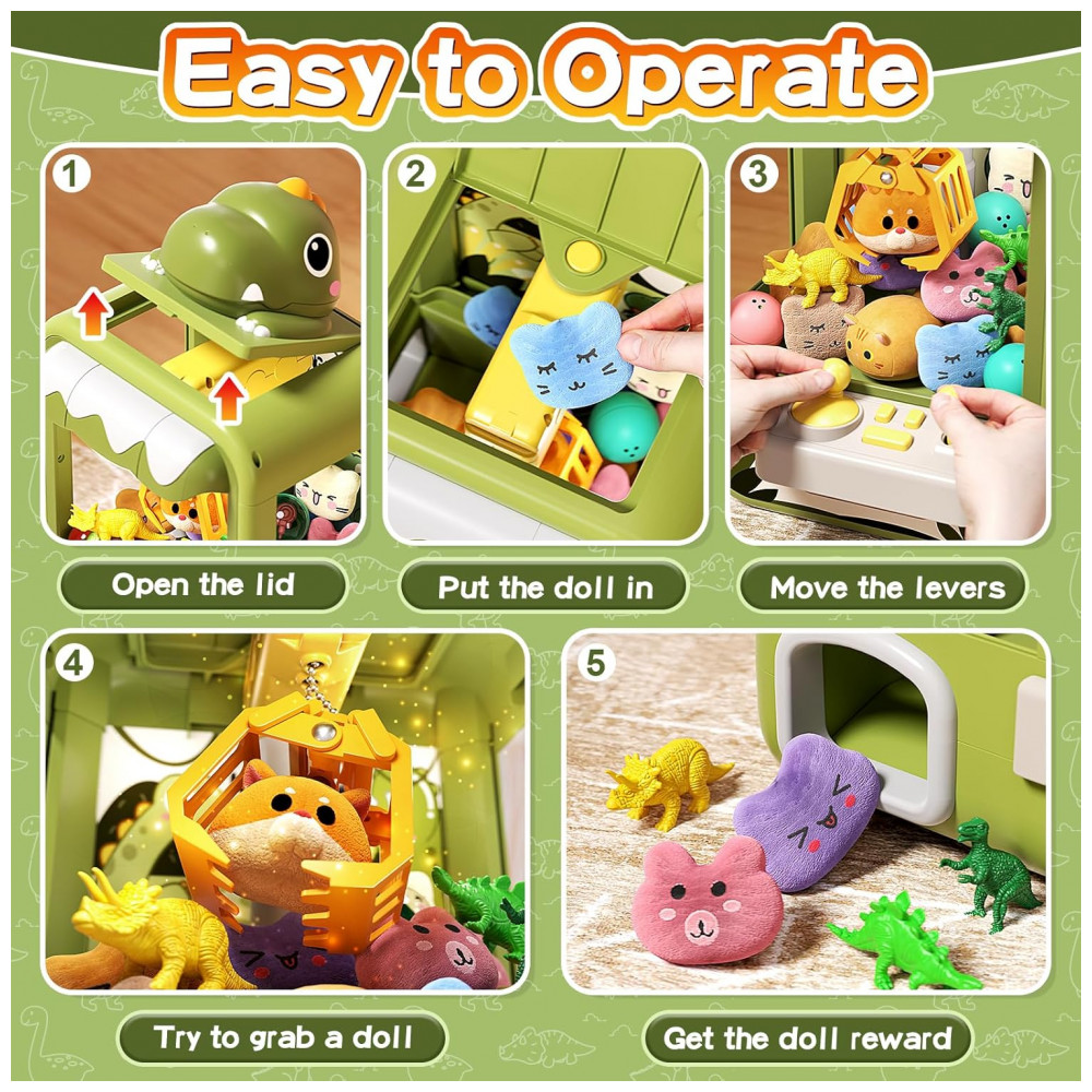 ECTQQTQ9S7XC0B_1-1.jpg - Eohemeral Máquina de Garra Dinossauro Verde para Crianças, Mini Arcade Eletrônico com Música e 10 Pelúcias + 12 Acessórios