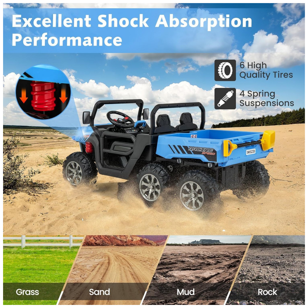 ECTQQV48K7KD0B_1-1.jpg - Caminhão Basculante Elétrico Infantil OLAKIDS Azul 24V 2 Lugares 4WD 6x6 Caçamba Elétrica Suspensão Controle Remoto 4x90W