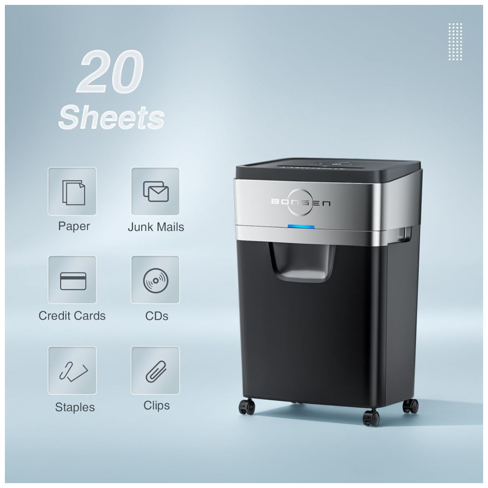 ECTQQZP6KR590B_1-1.jpg - Triturador de Papel BONSEN, Tritura 20 Folhas por Vez em 60 Minutos Contínuos para Escritório, Triturador Silencioso de Cruzado com 25 litros,