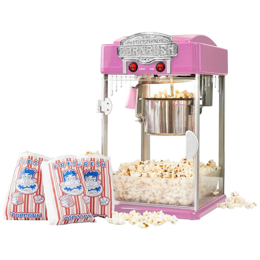 Máquina de Pipoca Vintage Profissional, 113g, Estilo Cinema com Panela Antiaderente, Luz de Aquecimento e Concha para Servir, Rosa,Cornrush.