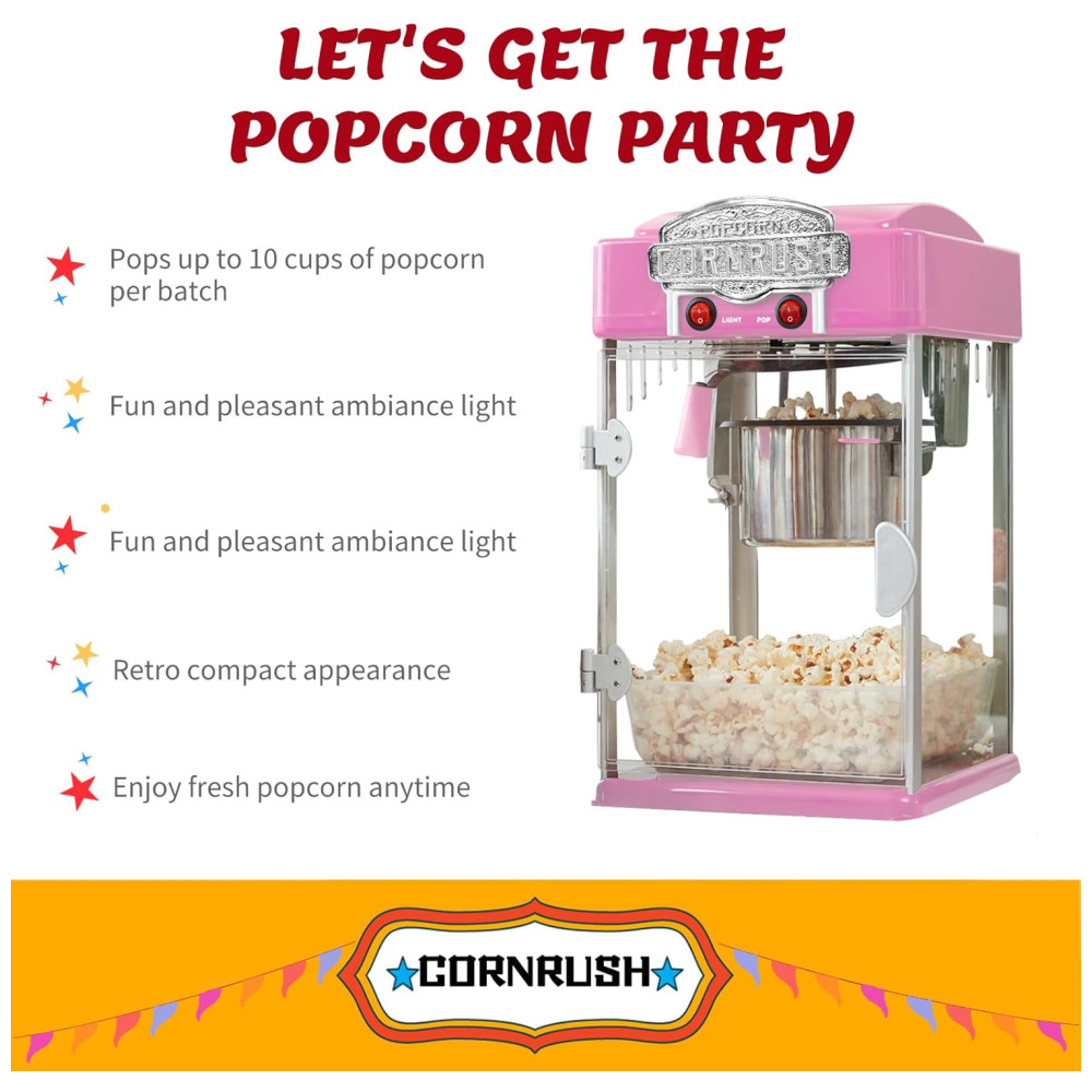Máquina de Pipoca Vintage Profissional, 113g, Estilo Cinema com Panela Antiaderente, Luz de Aquecimento e Concha para Servir, Rosa,Cornrush. - Imagem 3