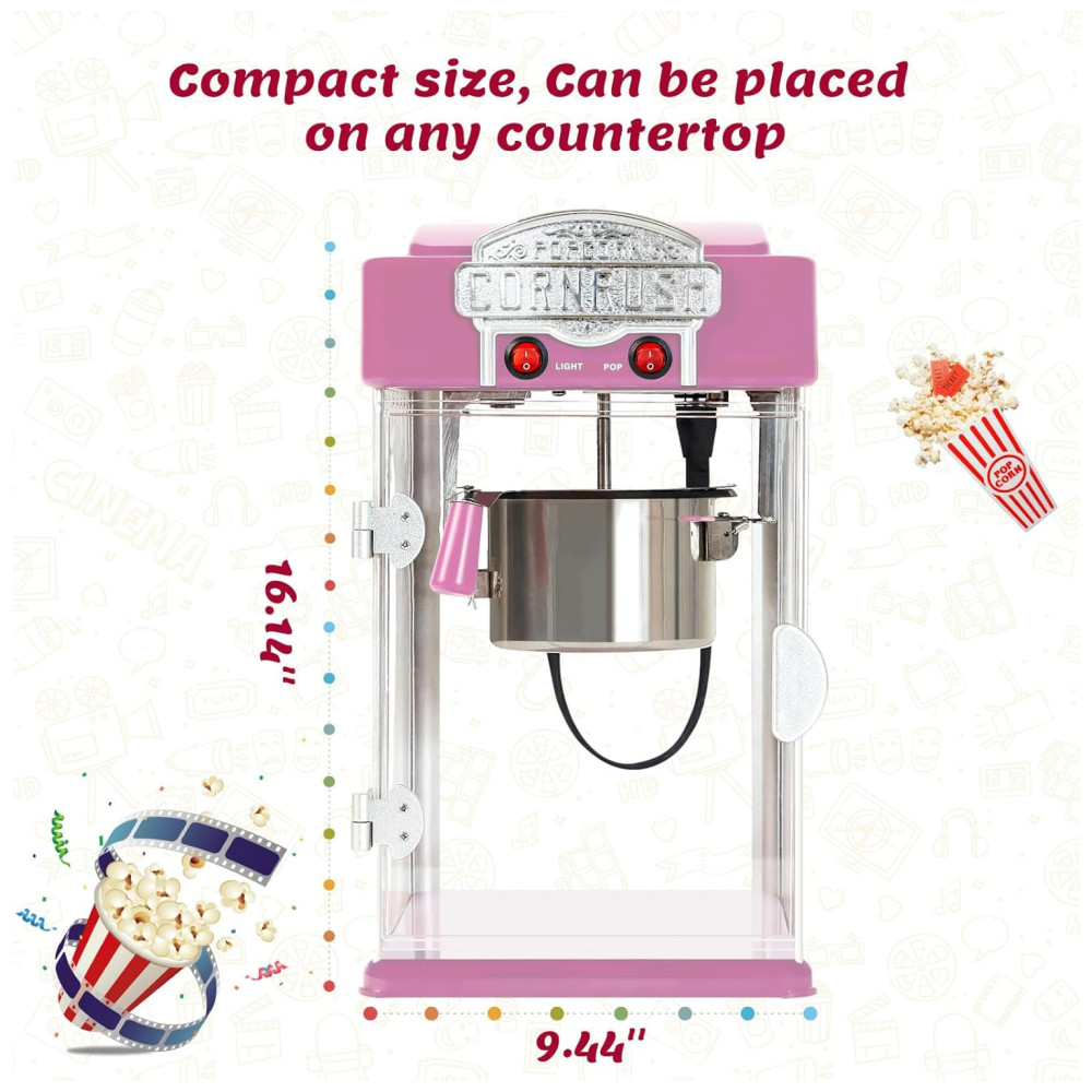 Máquina de Pipoca Vintage Profissional, 113g, Estilo Cinema com Panela Antiaderente, Luz de Aquecimento e Concha para Servir, Rosa,Cornrush. - Imagem 5