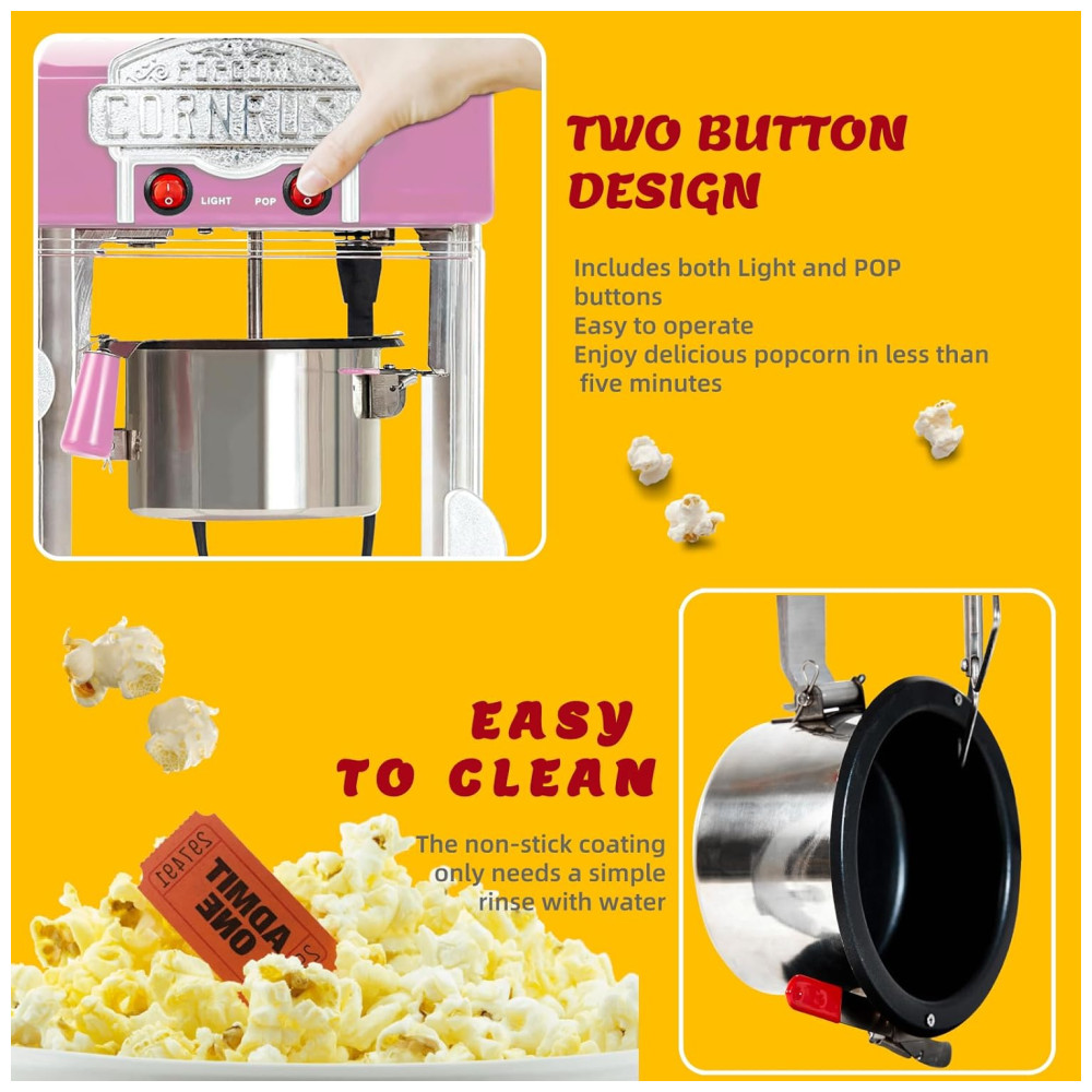 Máquina de Pipoca Vintage Profissional, 113g, Estilo Cinema com Panela Antiaderente, Luz de Aquecimento e Concha para Servir, Rosa,Cornrush. - Imagem 6