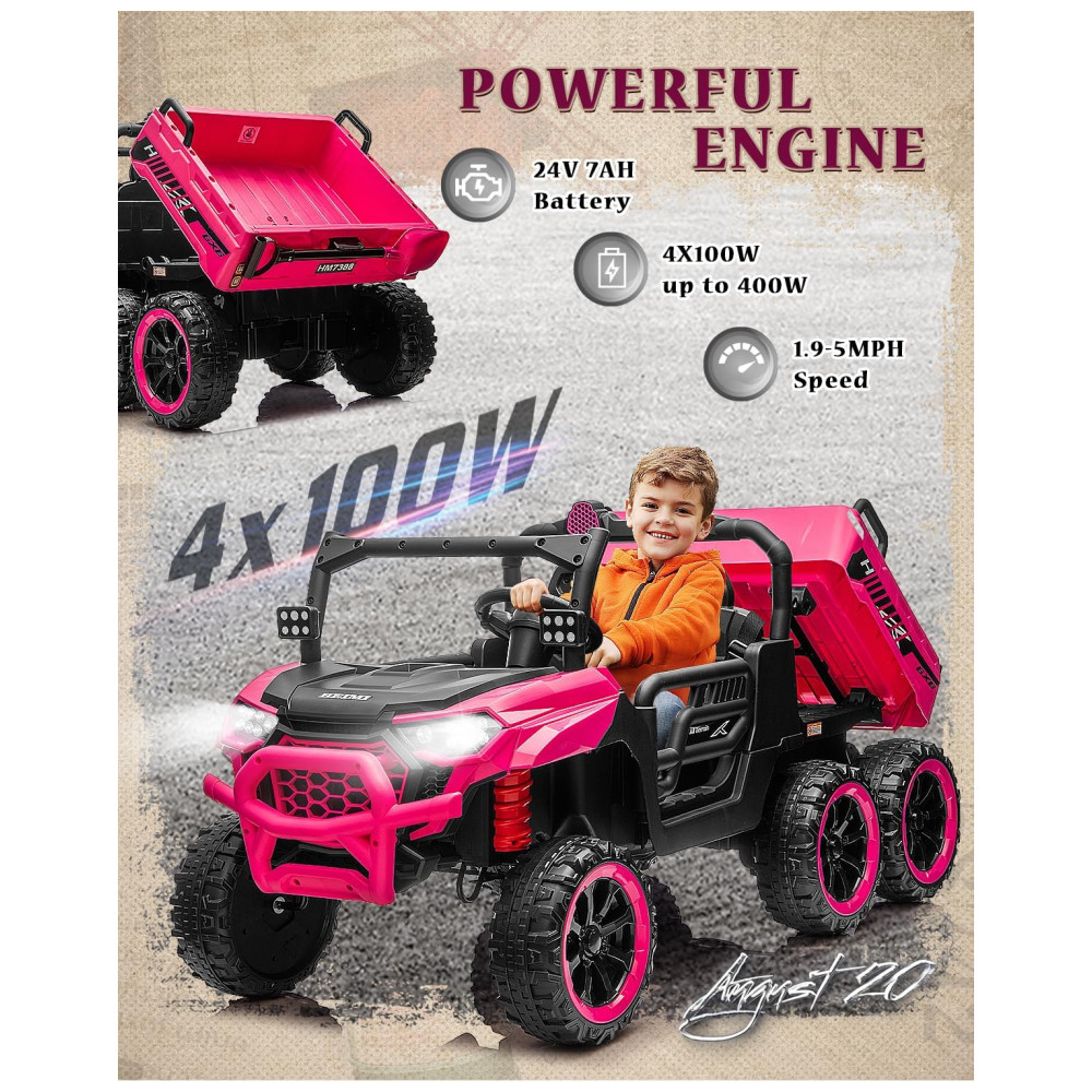 ECTQR72RCYMF0B_1-1.jpg - Caminhão Basculante Infantil Letsgoride Rosa 24V 2 Lugares 4 Motores 100W Caçamba Automática 4WD Bluetooth Música LED 6 Rodas