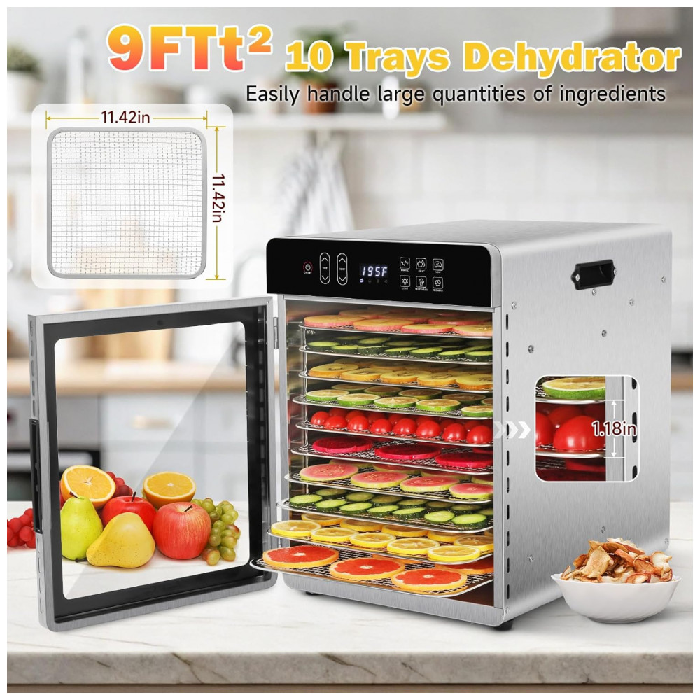ECTQR956NGKF0B_1-1.jpg - Desidratador de Alimentos SUCISENI com 10 Bandejas de Aço Inoxidável, 9 pés, 1000W, Timer de 24 Horas e Controle de Temperatura