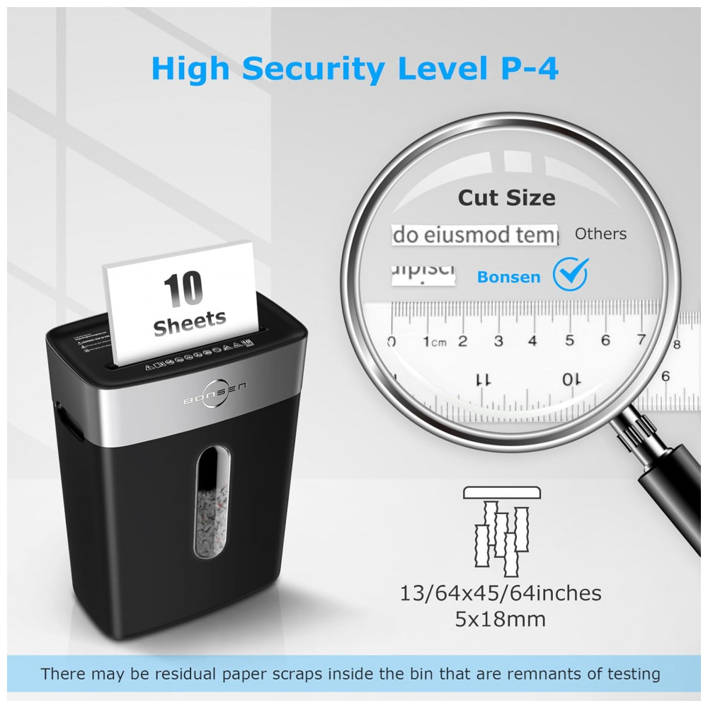 ECTQRFTVPGLB0B_1-1.jpg - Trituradora de Papel BONSEN para Escritório em Casa, Cesto de 15 Litros, Fragmenta 10 Folhas de uma Vez, Nível de Segurança P4, Silenciosa e à Prova