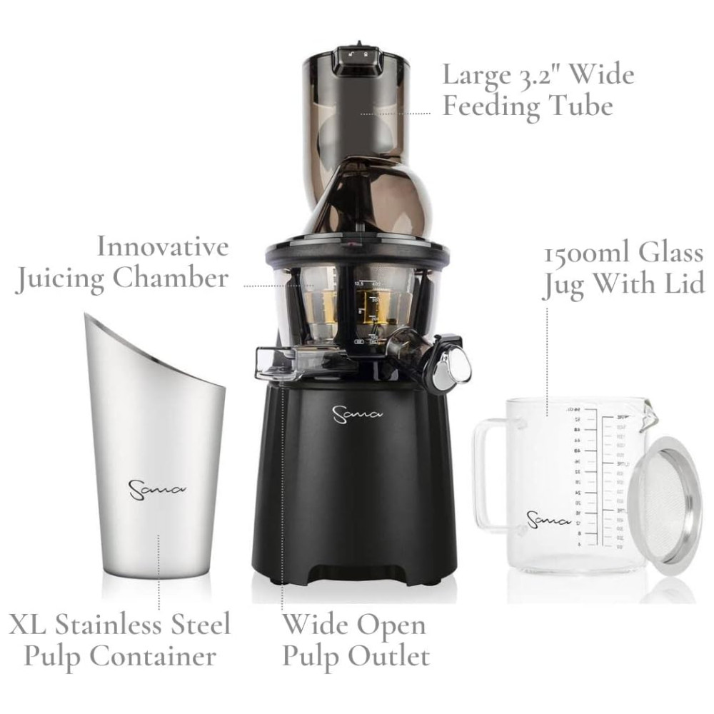 ECTQRMGG8H2C0B_1-1.jpg - Centrifuga de Frutas com Boca Larga Sistema de Alçapão Patenteado e Inclui 2 Acessórios Premium 110V 240W SANA Preta