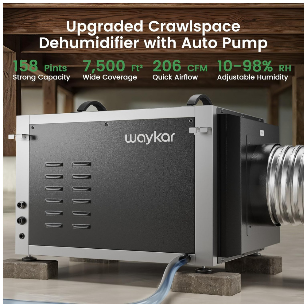 ECTQRRN5MJQF0B_1-1.jpg - Desumidificador de Crawl Space Waykar 74 litros com Controle Remoto e Bomba, Design de Duto Duplo HVAC Comercial para Desumidificação de Casa Inteira