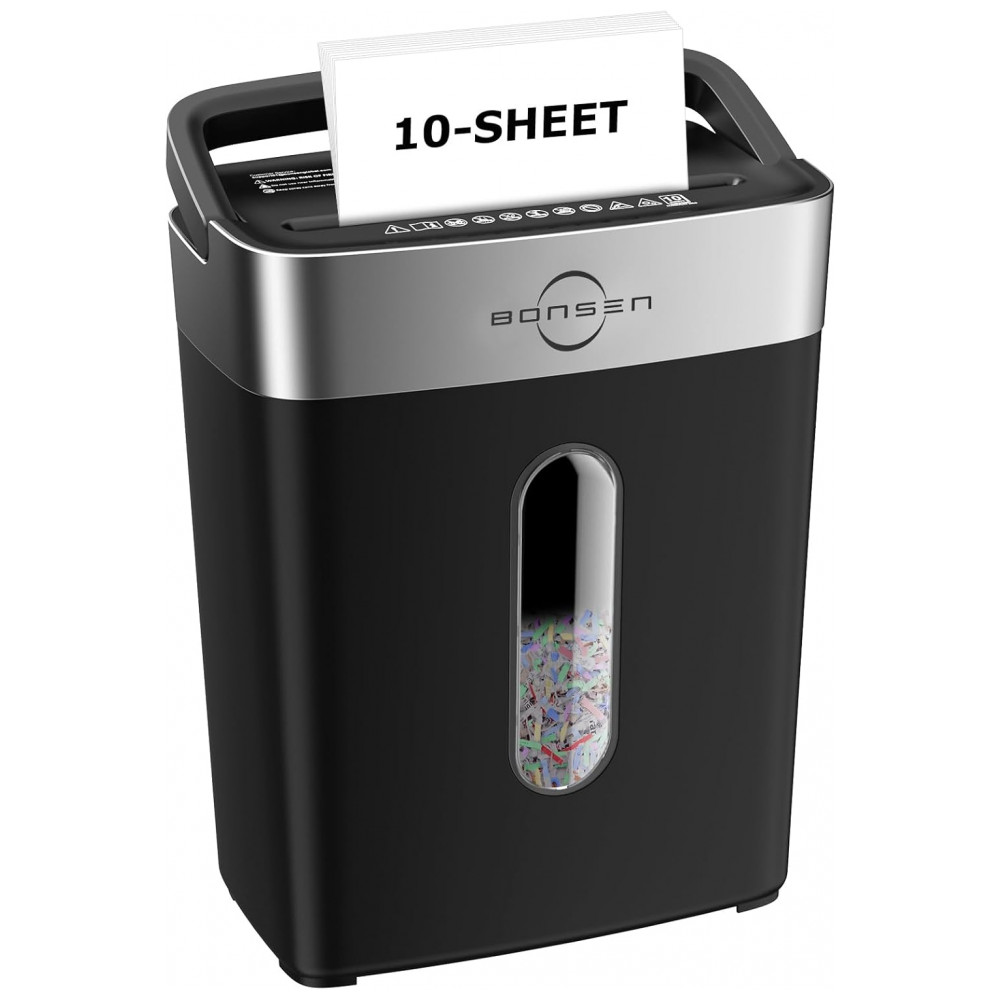 ECTQRT6QJVSD0B_0-1.jpg - Fragmentadora de Papel Bonsen 10 Folhas Cortes Cruzados para Casa e Escritório, Nível de Segurança P4, Alça Portátil, Cesto de 15 Litros,