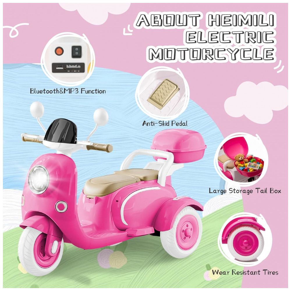 ECTQRXF9S39D0B_1-1.jpg - Moto Elétrica Infantil HEIMILI 12V Rosa 3 Rodas 2 Lugares com Bluetooth MP3 Baú e Estabilidade