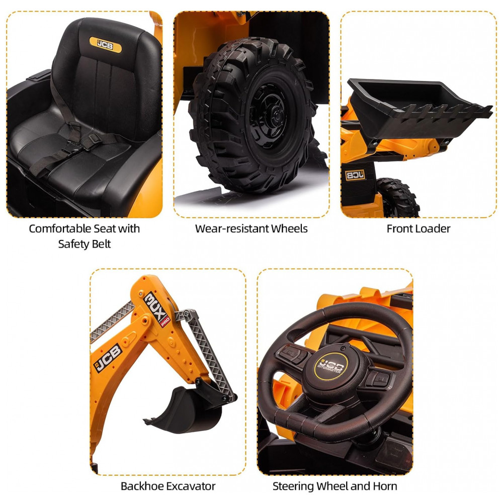 ECTQS7M994XC0B_6-1.jpg - Carrinho Elétrico Infantil 3 em 1 24V JCB Excavator, Trator, Bulldozer, Controle Remoto, Multifuncional, Bluetooth, Amarelo