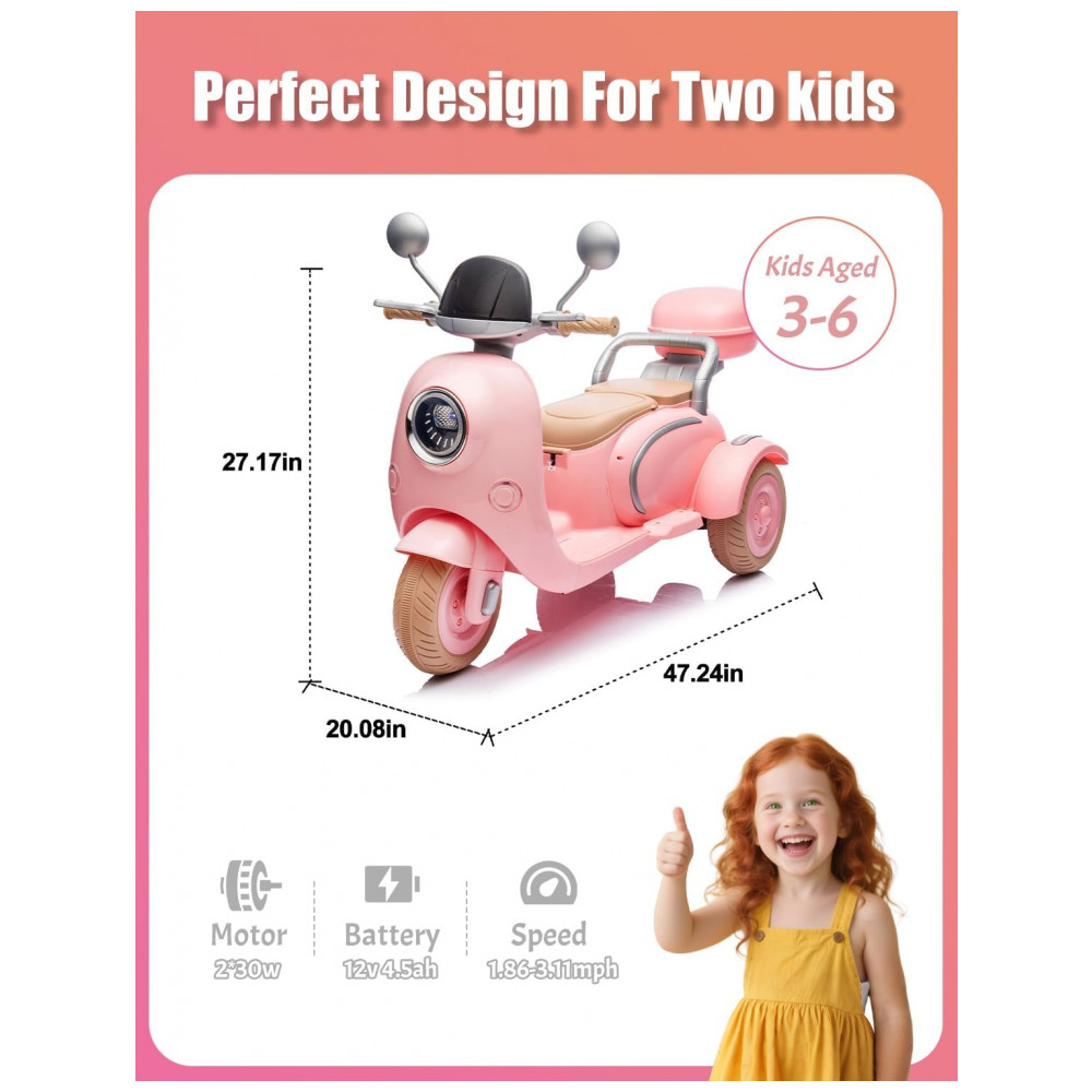 ECTQSD4CZXJF0B_1-1.jpg - Moto Elétrica Infantil 2 Lugares Okybaby Rosa Claro 12V 3 Rodas Duplo Motor Bluetooth USB Painel LED 3 Velocidades Suspensão Baú