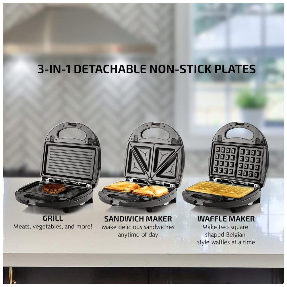 ECTQSG14V9970B_1-1.jpg - OVENTE Conjunto 3 em 1 de Sanduicheira Elétrica, Grill Panini e Máquina de Waffle com Placas Antiaderentes Removíveis, Perfeito para Preparar Sanduích