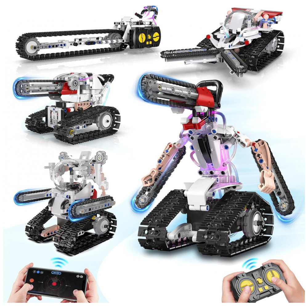 ECTQSHJ9C3DF0B_0-1.jpg - Kit Educativo de Engenharia Azul e Branco – 5‑em‑1 STEM RC Robot Building Kit com 419 Peças, Controle Remoto e App para Crianças