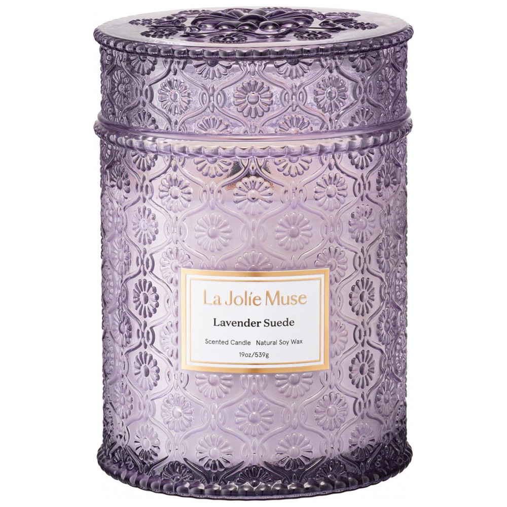 Vela de Lavanda e Camurça LA JOLIE MUSE Eucalipto, Lavanda e Sândalo 539g com Pavio de Madeira - Cera de Soja Natural - 90 Horas de Queima Limpa - Aro