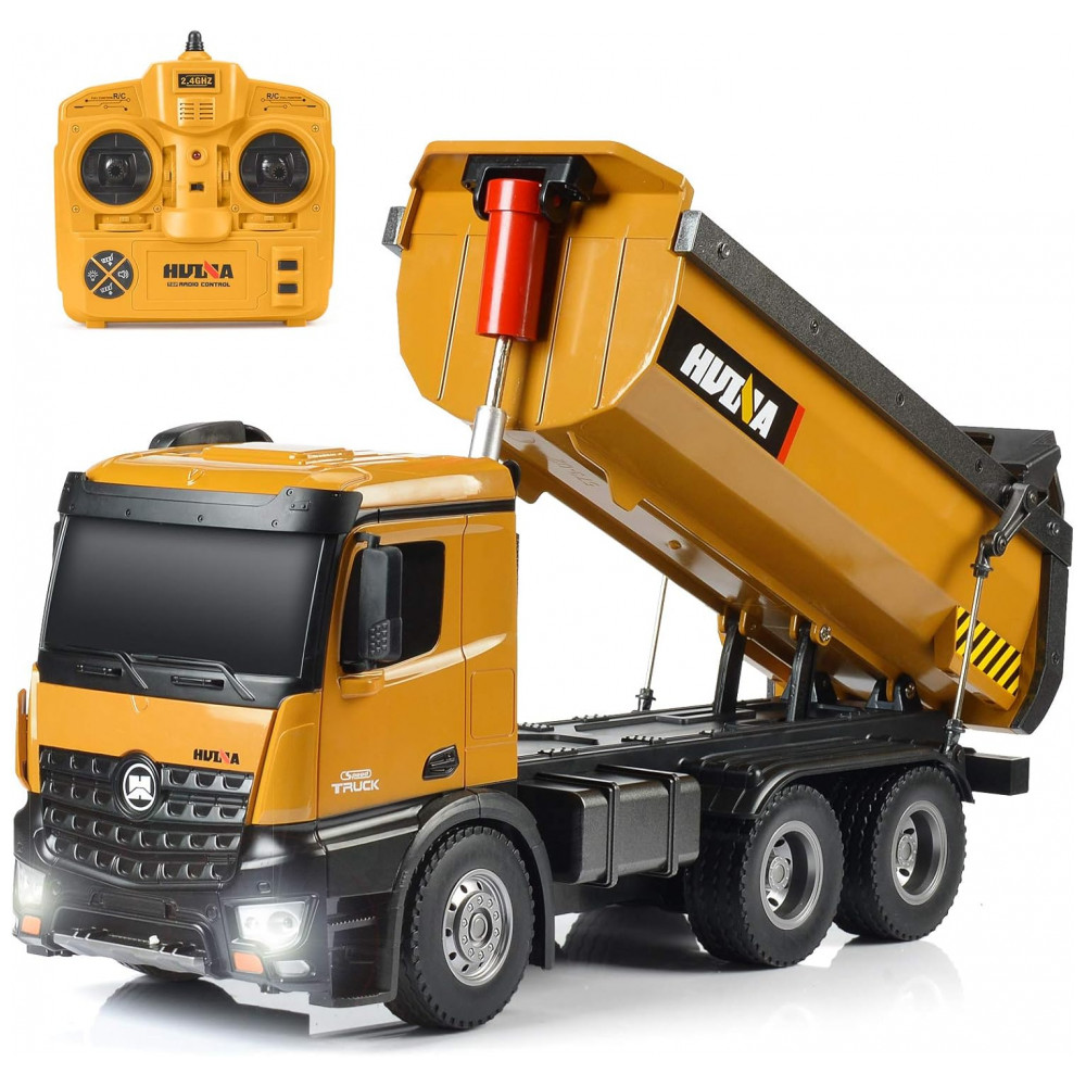 Caminhão Basculante de Controle Remoto em Escala 1:14 - Veículo de Construção Metálico Resistente com Capacidade para 7 Kg - KidsFaves