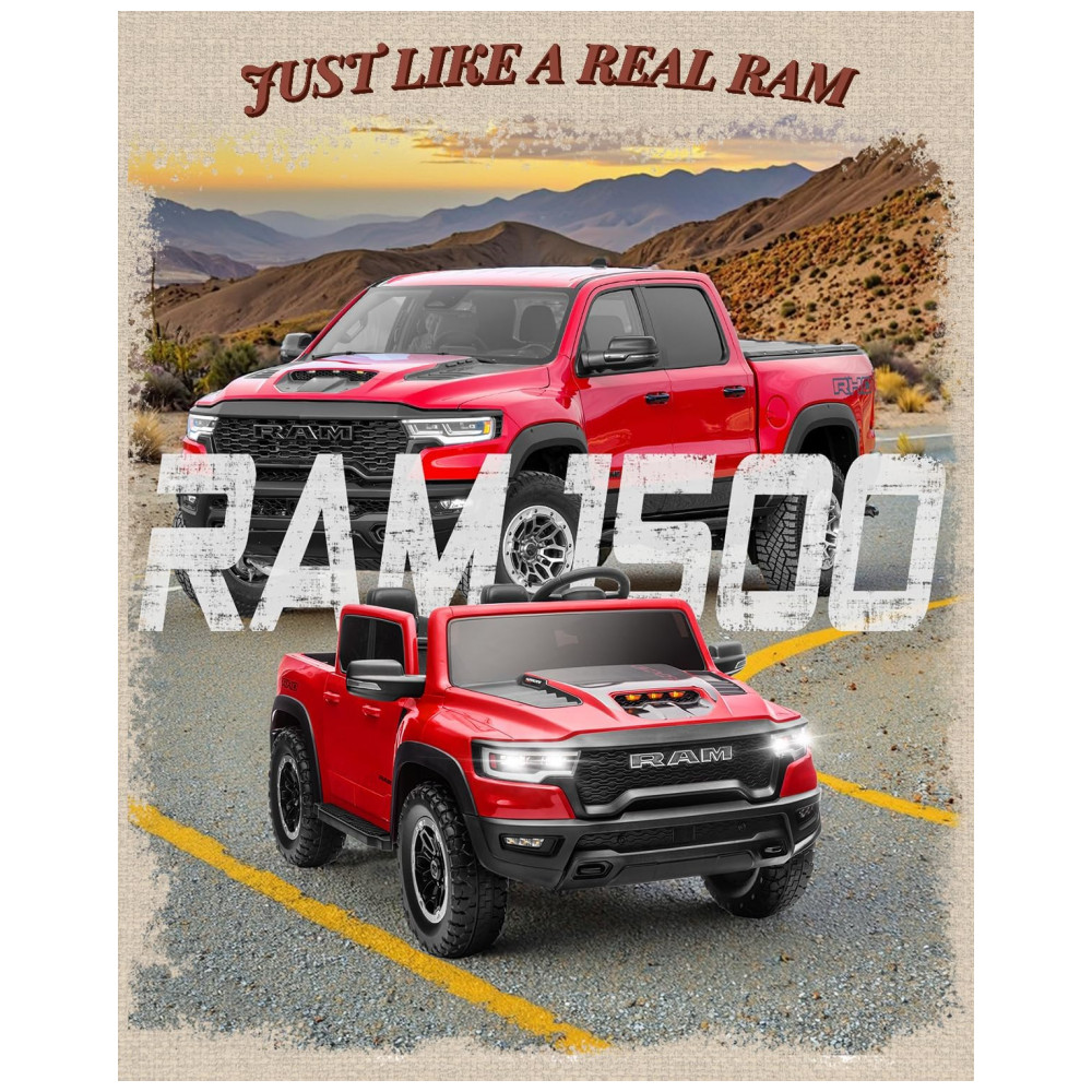 ECTQT2QH43MF0B_1-1.jpg - Carro Elétrico Infantil RAM 1500 24V Vermelho 2 Lugares com Controle Remoto, Bluetooth, Luzes LED, Baú e Cinto de Segurança