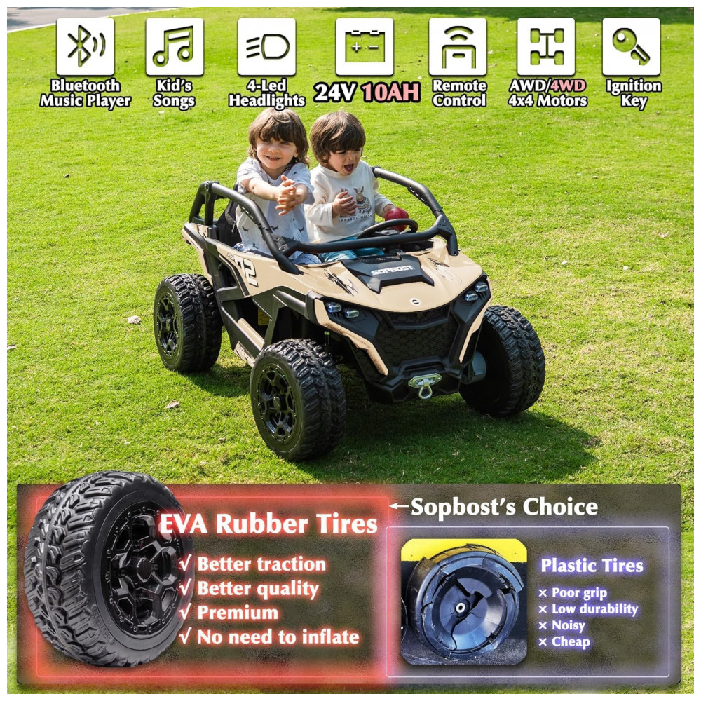 ECTQT5TR13MC0B_1-1.jpg - Carrinho Elétrico Infantil 4x4 Sopbost XL 24V 10Ah 2 Lugares 4 Motores 75W Controle Remoto Suspensão Molas Bluetooth Bege