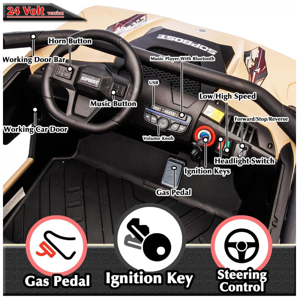 ECTQT5TR13MC0B_3-1.jpg - Carrinho Elétrico Infantil 4x4 Sopbost XL 24V 10Ah 2 Lugares 4 Motores 75W Controle Remoto Suspensão Molas Bluetooth Bege