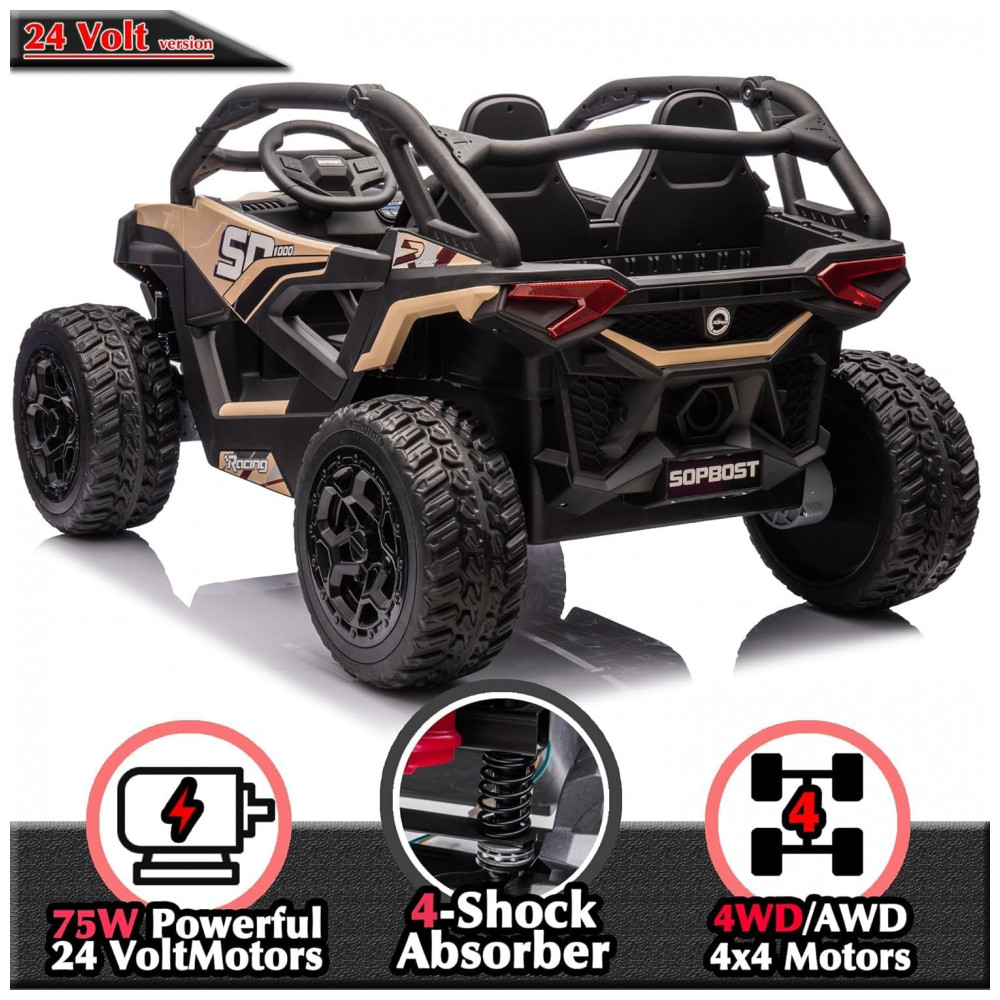 ECTQT5TR13MC0B_6-1.jpg - Carrinho Elétrico Infantil 4x4 Sopbost XL 24V 10Ah 2 Lugares 4 Motores 75W Controle Remoto Suspensão Molas Bluetooth Bege