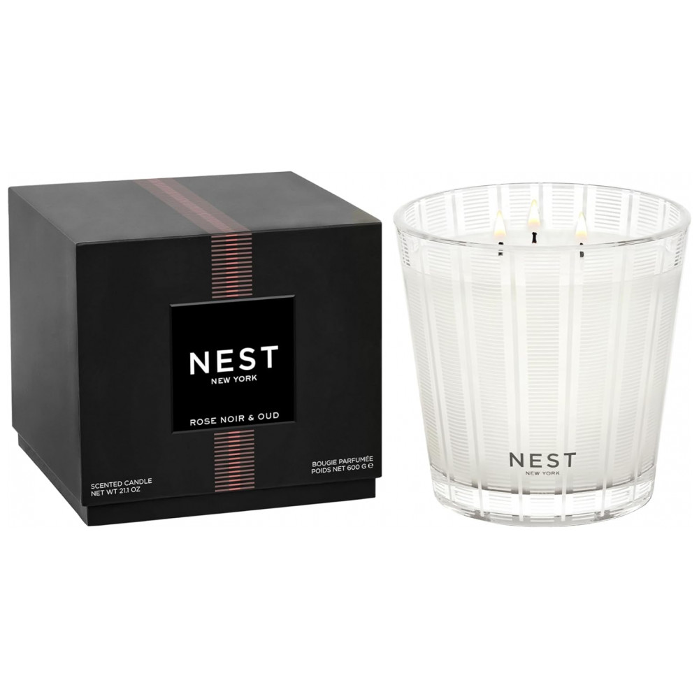 Vela Perfumada NEST New York de 3 Pavios, Rose Noir Oud 21,2 oz - Queima por Até 100 Horas em Recipiente de Vidro Reutilizável