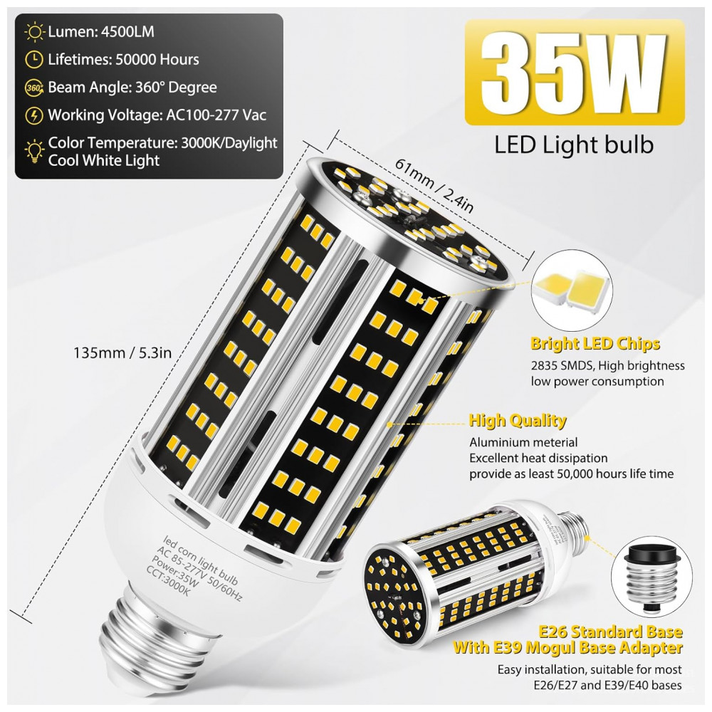 ECTQTJSZ5B8D0B_1-1.jpg - Pacote com 2 Lâmpadas LED de Milho de 35W Branco Quente 3000K - Equivalente a 300W Base E26/E39 para Áreas AmplasYANYCN