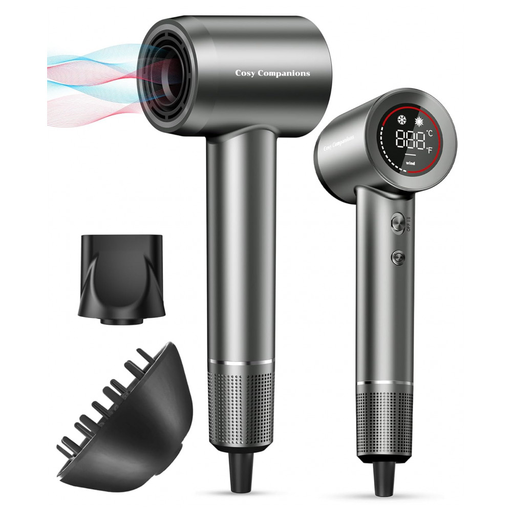 Secador de Cabelo Iônico Negativo com Motor sem Escova de 150.000 RPM para Secagem Rápida, Baixo Ruído, Display HD, Difusor e Bico de Concentração, 5