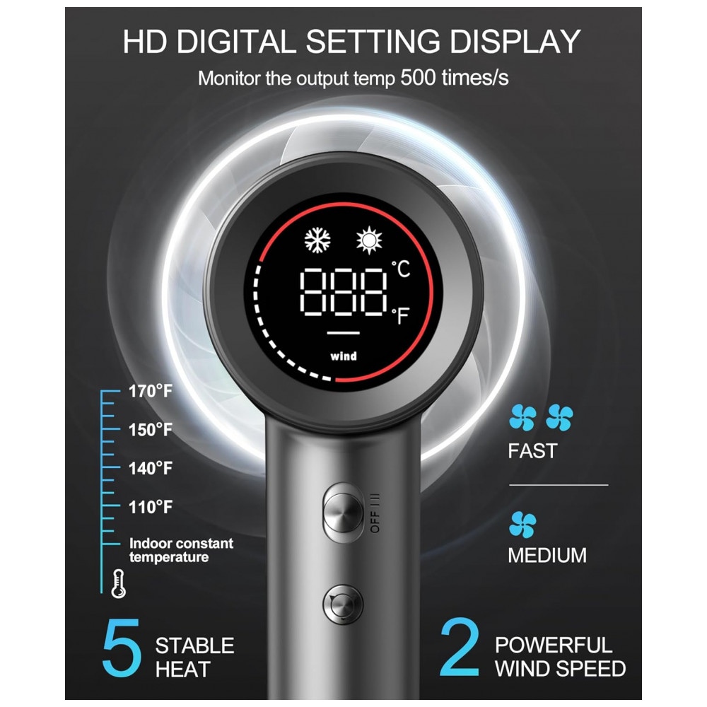 ECTQTK4K98BC0B_2-1.jpg - Secador de Cabelo Iônico Negativo com Motor sem Escova de 150.000 RPM para Secagem Rápida, Baixo Ruído, Display HD, Difusor e Bico de Concentração, 5