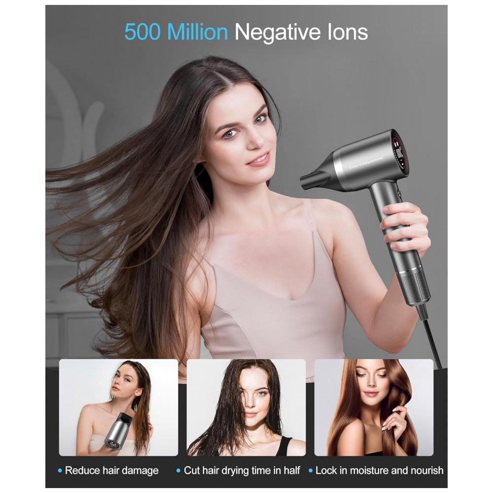 ECTQTK4K98BC0B_4-1.jpg - Secador de Cabelo Iônico Negativo com Motor sem Escova de 150.000 RPM para Secagem Rápida, Baixo Ruído, Display HD, Difusor e Bico de Concentração, 5