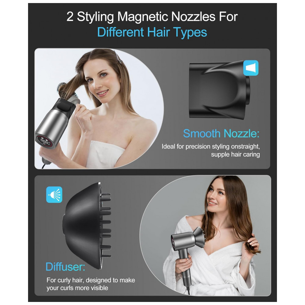 ECTQTK4K98BC0B_5-1.jpg - Secador de Cabelo Iônico Negativo com Motor sem Escova de 150.000 RPM para Secagem Rápida, Baixo Ruído, Display HD, Difusor e Bico de Concentração, 5