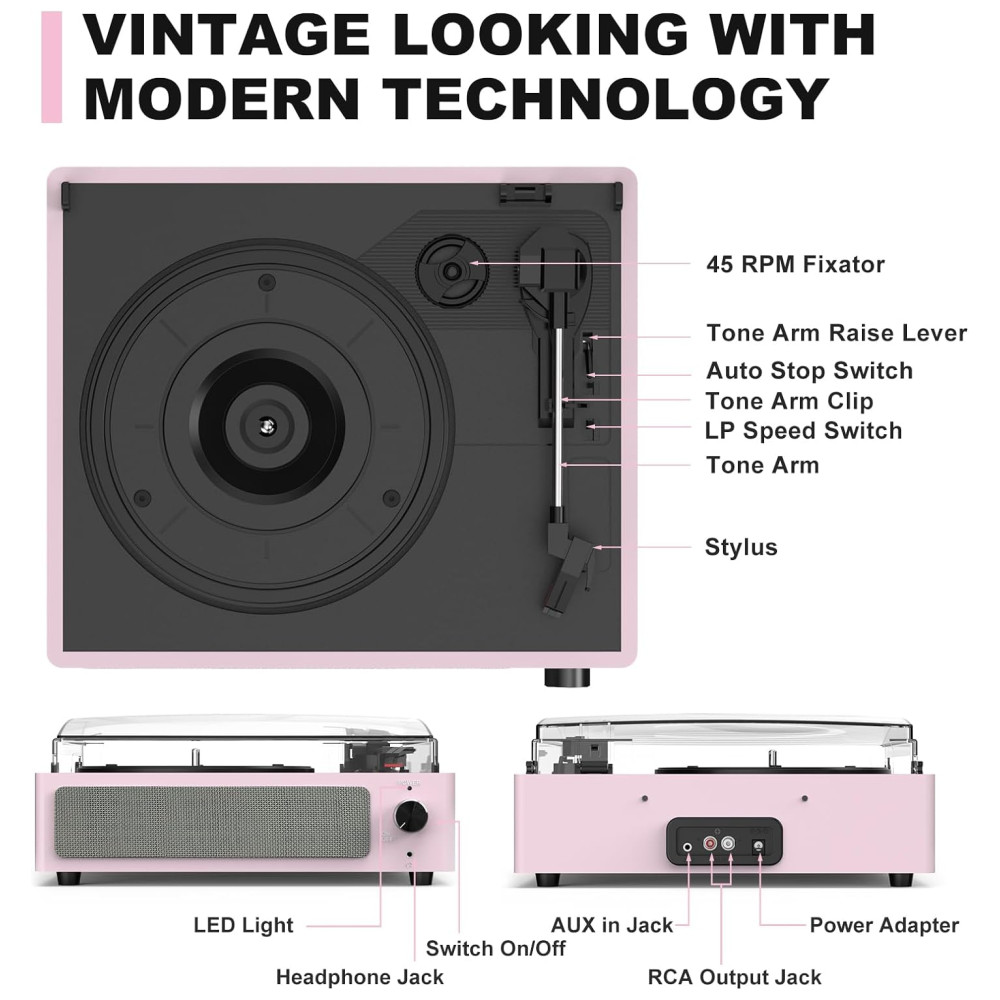 Toca-discos para Vinil com Alto-falantes Bluetooth, Design Elegante em Rosa Claro - WOCKODER - Imagem 7