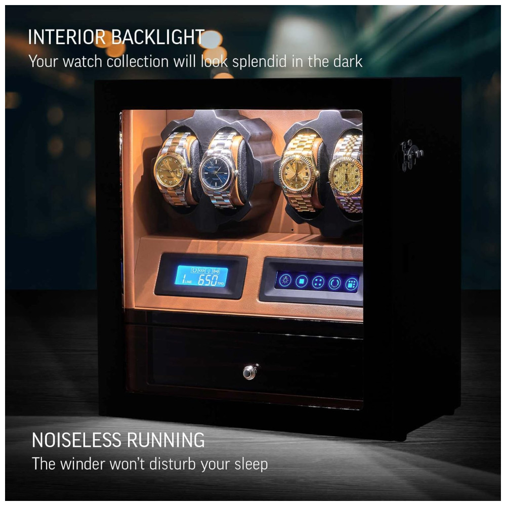 ECTQTNW92NQ70B_2.jpg - Caixa Estojo Rotativo Automático para Relógios com Luz e Painel de Controle 4 Lugares LEADER WATCH WINDERS X205 Preto