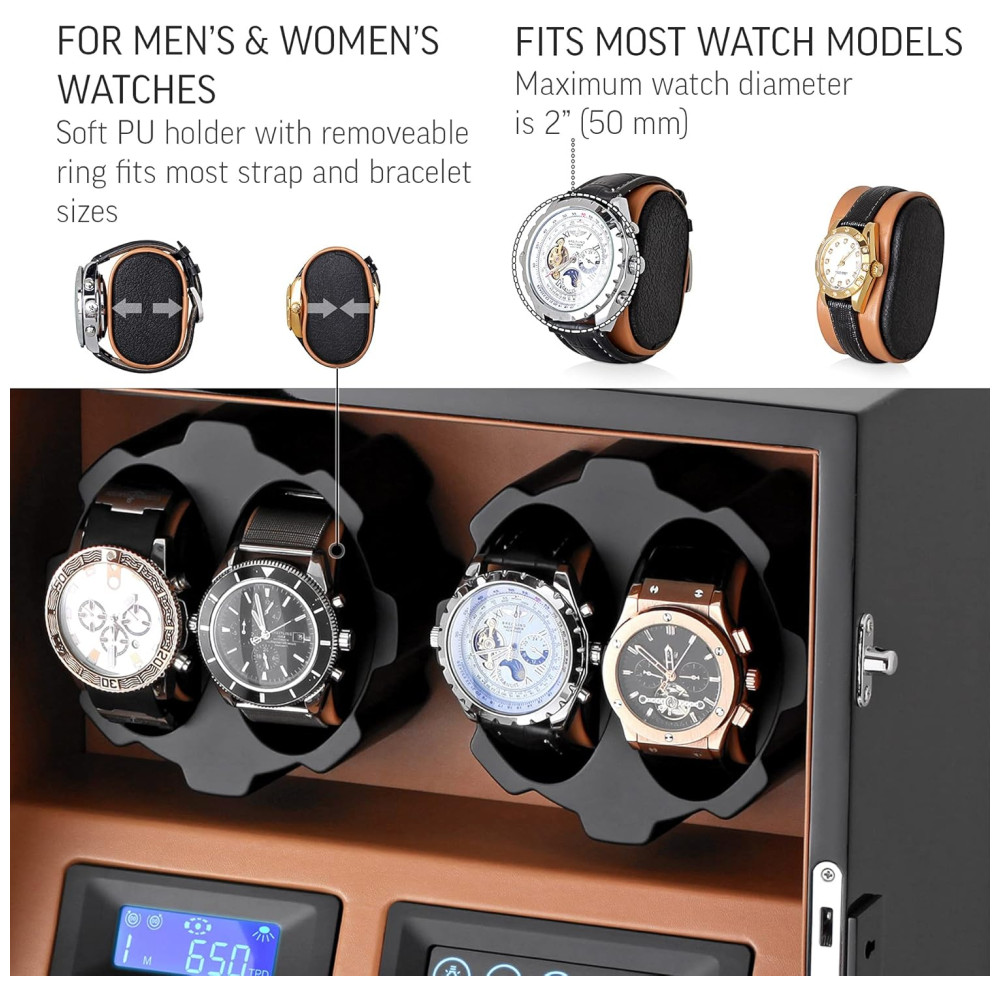ECTQTNW92NQ70B_3.jpg - Caixa Estojo Rotativo Automático para Relógios com Luz e Painel de Controle 4 Lugares LEADER WATCH WINDERS X205 Preto