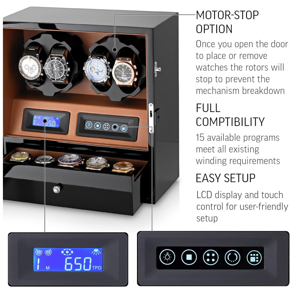 ECTQTNW92NQ70B_4.jpg - Caixa Estojo Rotativo Automático para Relógios com Luz e Painel de Controle 4 Lugares LEADER WATCH WINDERS X205 Preto