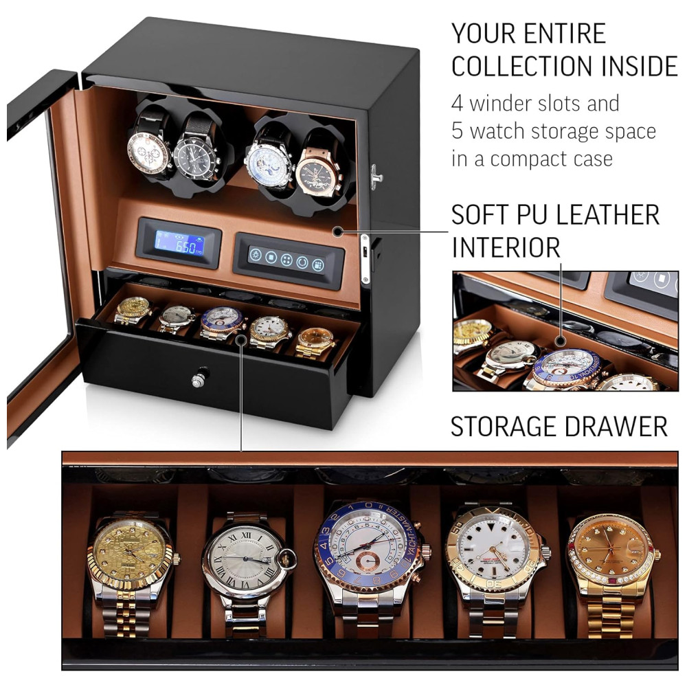 ECTQTNW92NQ70B_5.jpg - Caixa Estojo Rotativo Automático para Relógios com Luz e Painel de Controle 4 Lugares LEADER WATCH WINDERS X205 Preto
