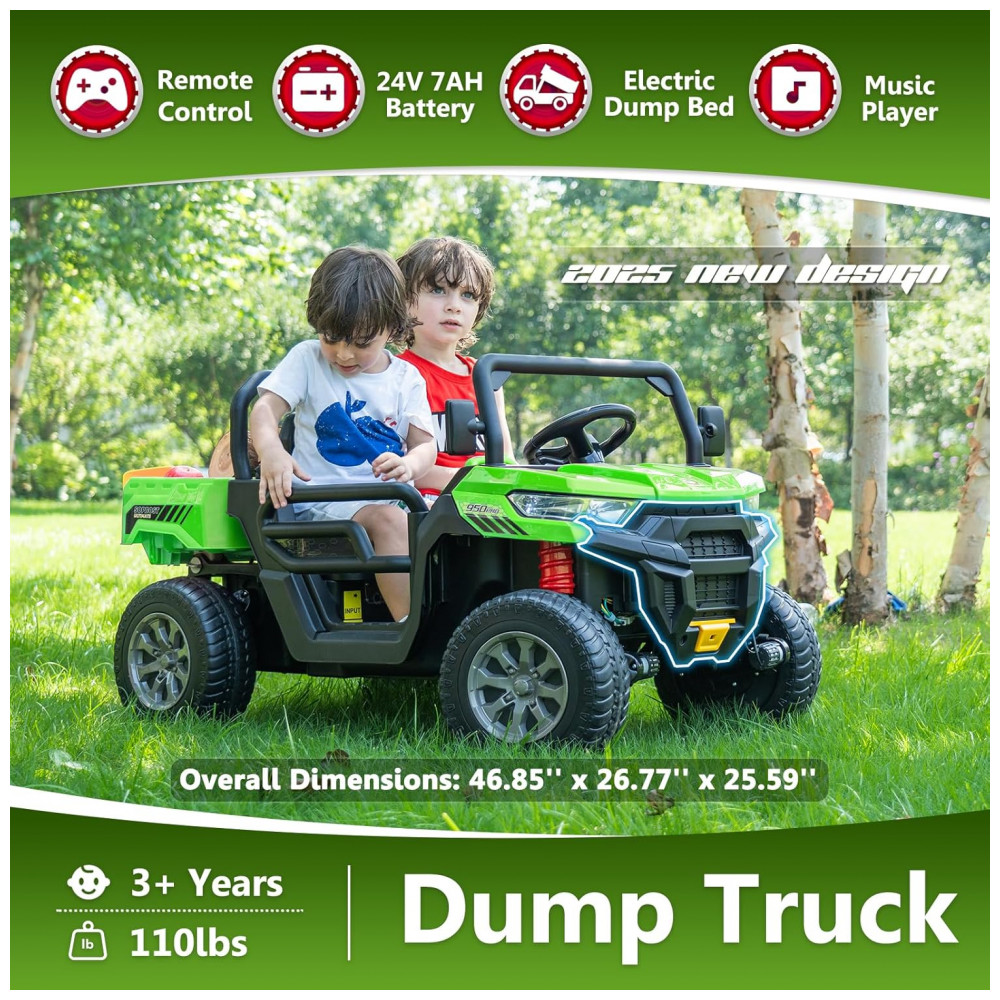 ECTQTRSBTXKD0B_1-1.jpg - Caminhão Basculante Infantil Elétrico Sopbost Verde 24V 2 Lugares 4 Motores 75W Caçamba Automática 4WD Pneus EVA Controle Bluetooth