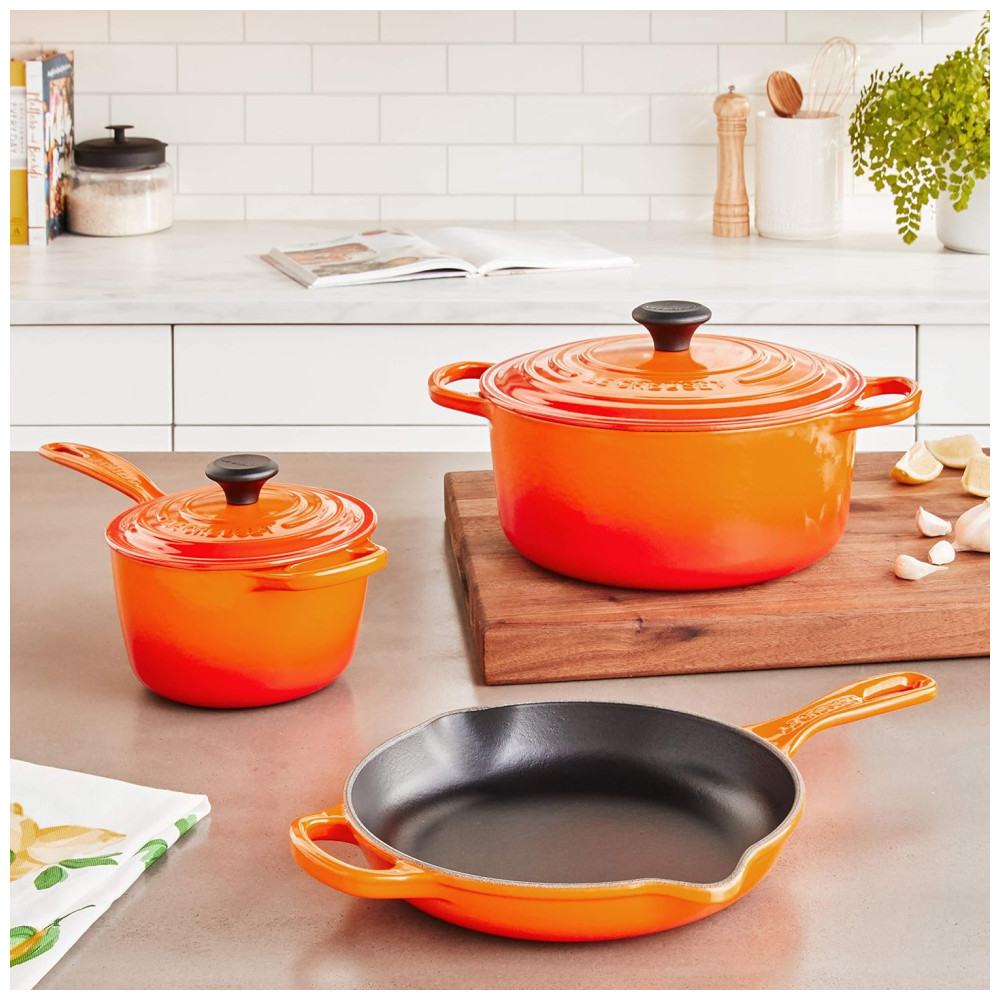 ECTQU4G02HA10B_6-1.jpg - Conjunto de Panelas e Frigideiras de Ferro Fundido Esmaltado 5 Peças LE CREUSET MS1605 2SS Laranja