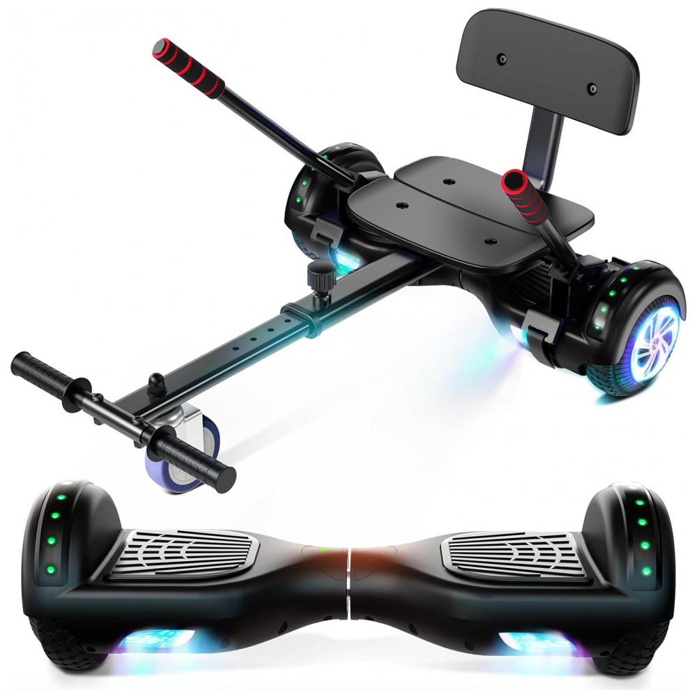 Hoverboard com Assento para Crianças e Adultos, Autoequilíbrio 6,5 e 8,5 polegadas, Bluetooth com Luzes LED Coloridas e Kart Preto