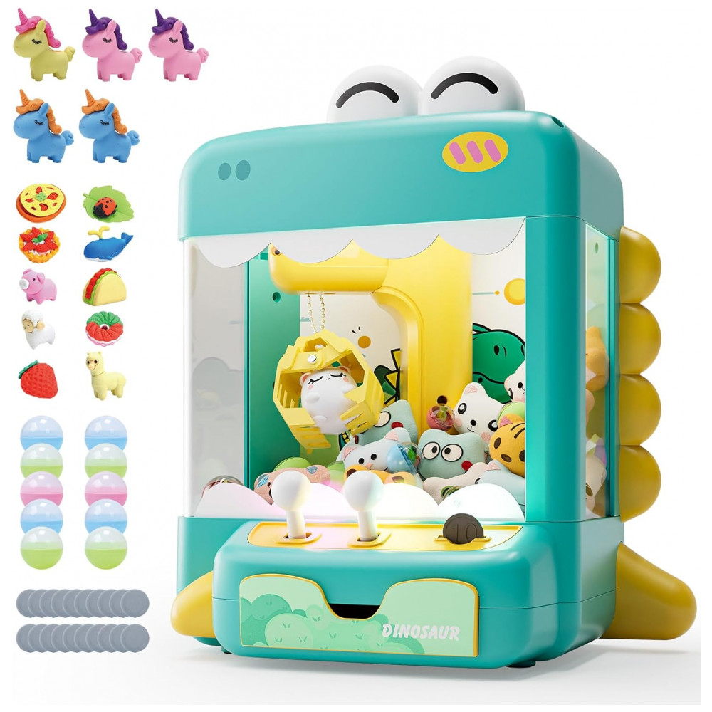 ECTQV4WJFFSD0B_0-1.jpg - Máquina de Garra Dinossauro Verde e Amarelo Skirfy – Mini Vending Machine Infantil com 45 Brinquedos, Luzes LED, Música e Desafio de 60 Segundos