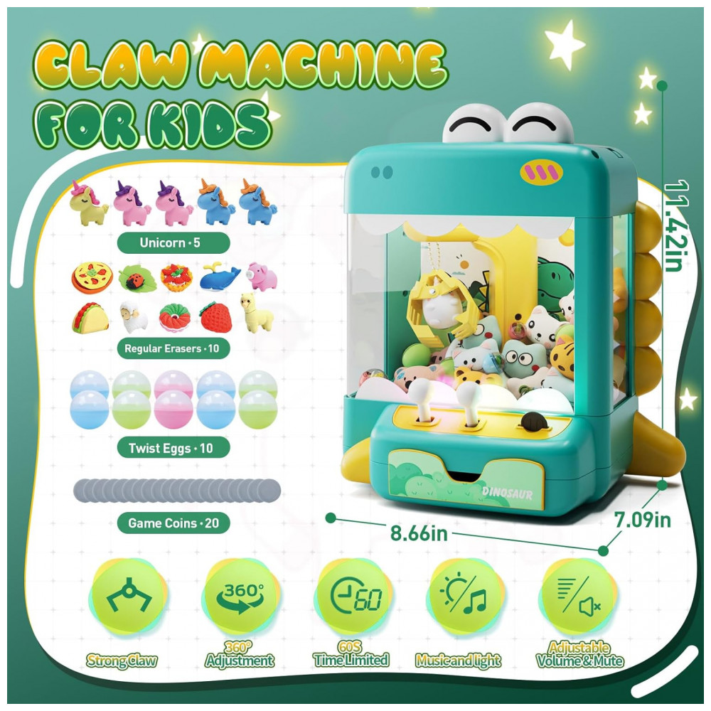 ECTQV4WJFFSD0B_2-1.jpg - Máquina de Garra Dinossauro Verde e Amarelo Skirfy – Mini Vending Machine Infantil com 45 Brinquedos Luzes LED Música e Desafio de 60 Segundos