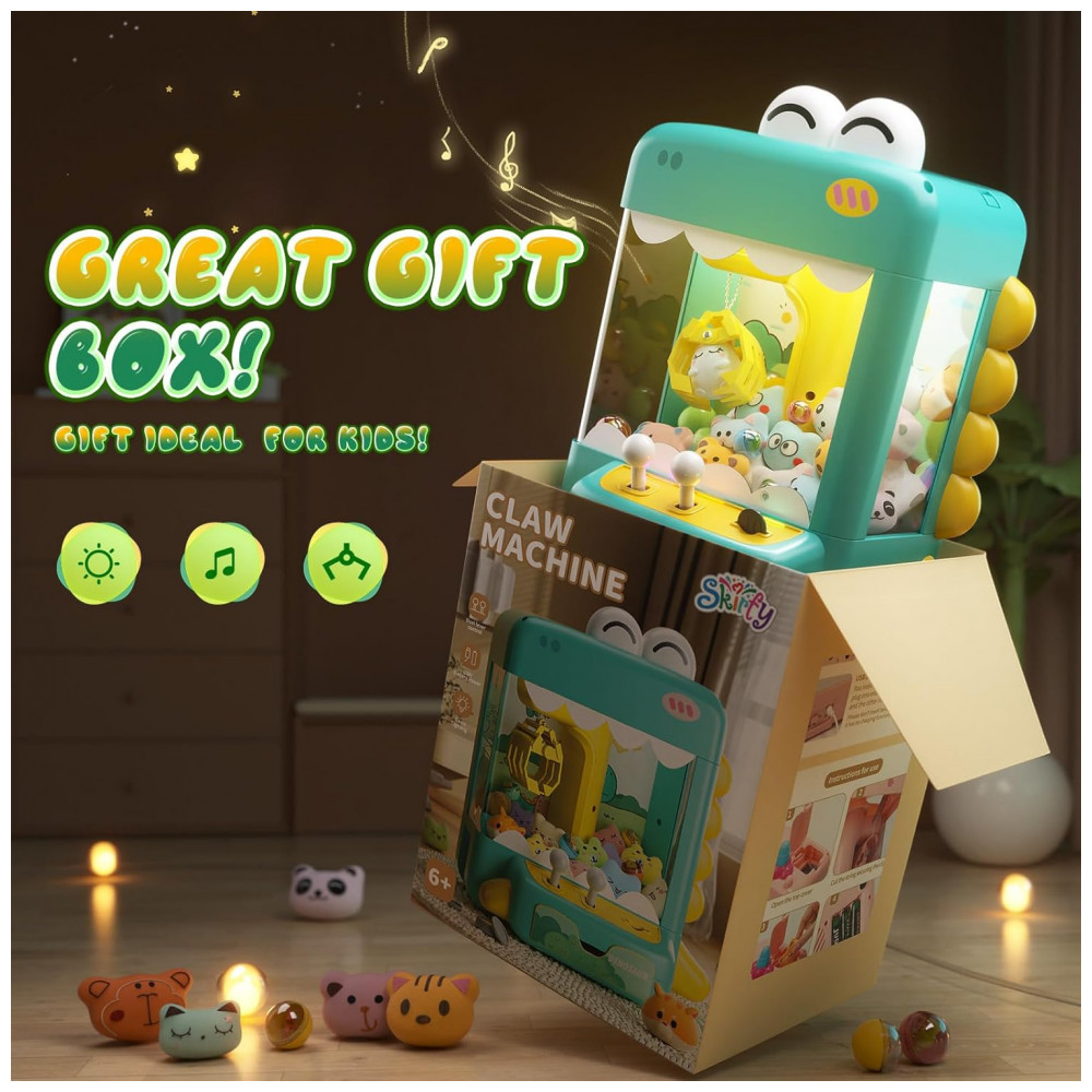 ECTQV4WJFFSD0B_3-1.jpg - Máquina de Garra Dinossauro Verde e Amarelo Skirfy – Mini Vending Machine Infantil com 45 Brinquedos Luzes LED Música e Desafio de 60 Segundos