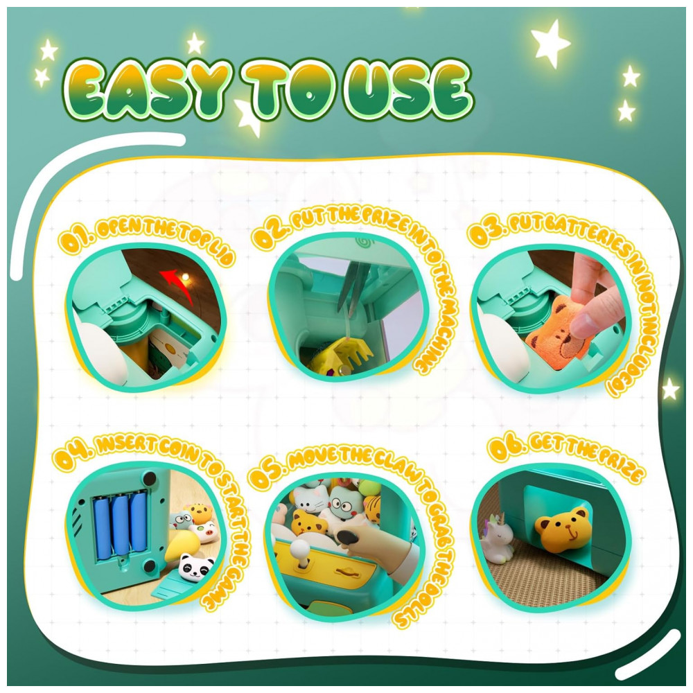 ECTQV4WJFFSD0B_4-1.jpg - Máquina de Garra Dinossauro Verde e Amarelo Skirfy – Mini Vending Machine Infantil com 45 Brinquedos Luzes LED Música e Desafio de 60 Segundos