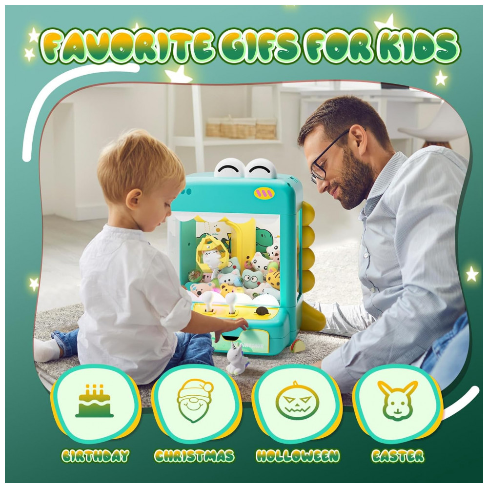 ECTQV4WJFFSD0B_5-1.jpg - Máquina de Garra Dinossauro Verde e Amarelo Skirfy – Mini Vending Machine Infantil com 45 Brinquedos Luzes LED Música e Desafio de 60 Segundos