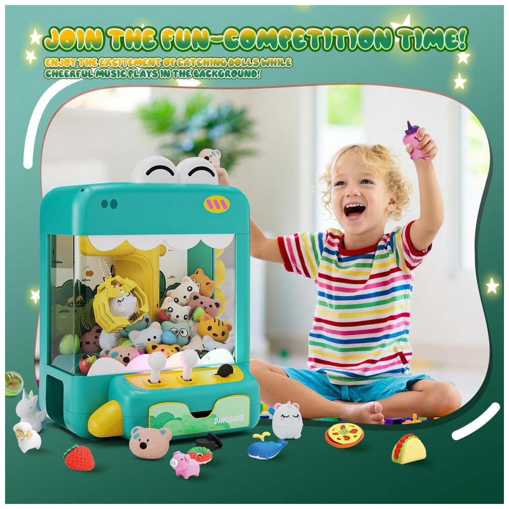 ECTQV4WJFFSD0B_6-1.jpg - Máquina de Garra Dinossauro Verde e Amarelo Skirfy – Mini Vending Machine Infantil com 45 Brinquedos Luzes LED Música e Desafio de 60 Segundos