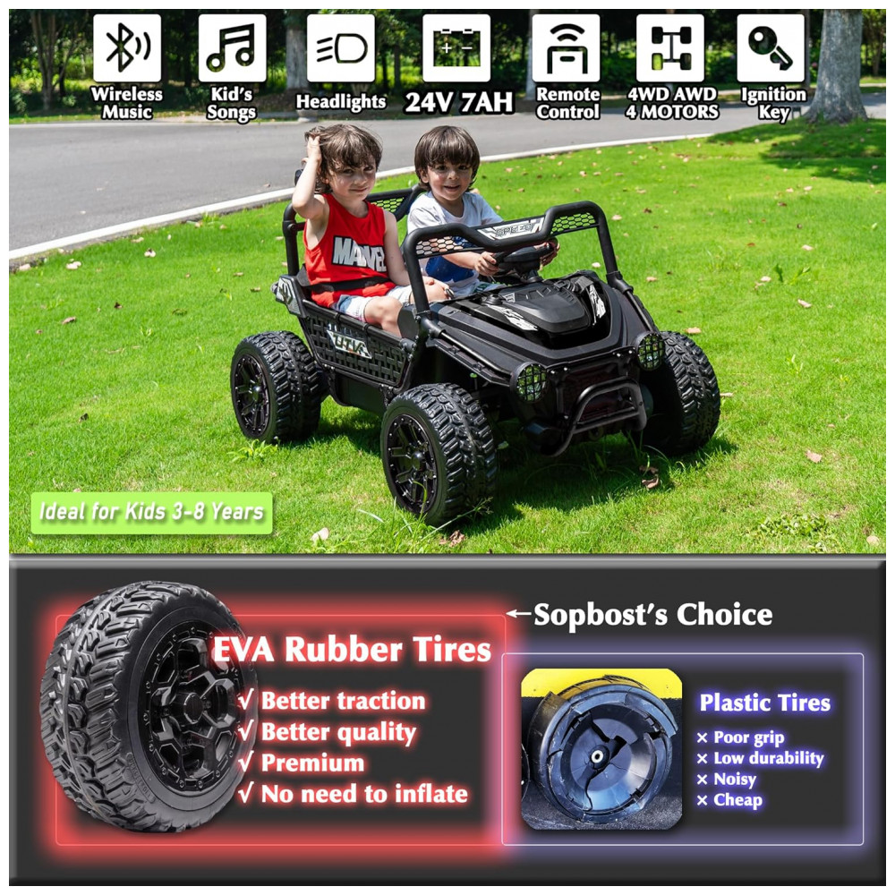 ECTQVC3Z5Q5F0B_1-1.jpg - UTV Infantil Elétrico Sopbost Preto 24V 2 Lugares XXL 4 Motores 75W 4WD Pneus EVA Controle Remoto Bluetooth Estrutura Metálica