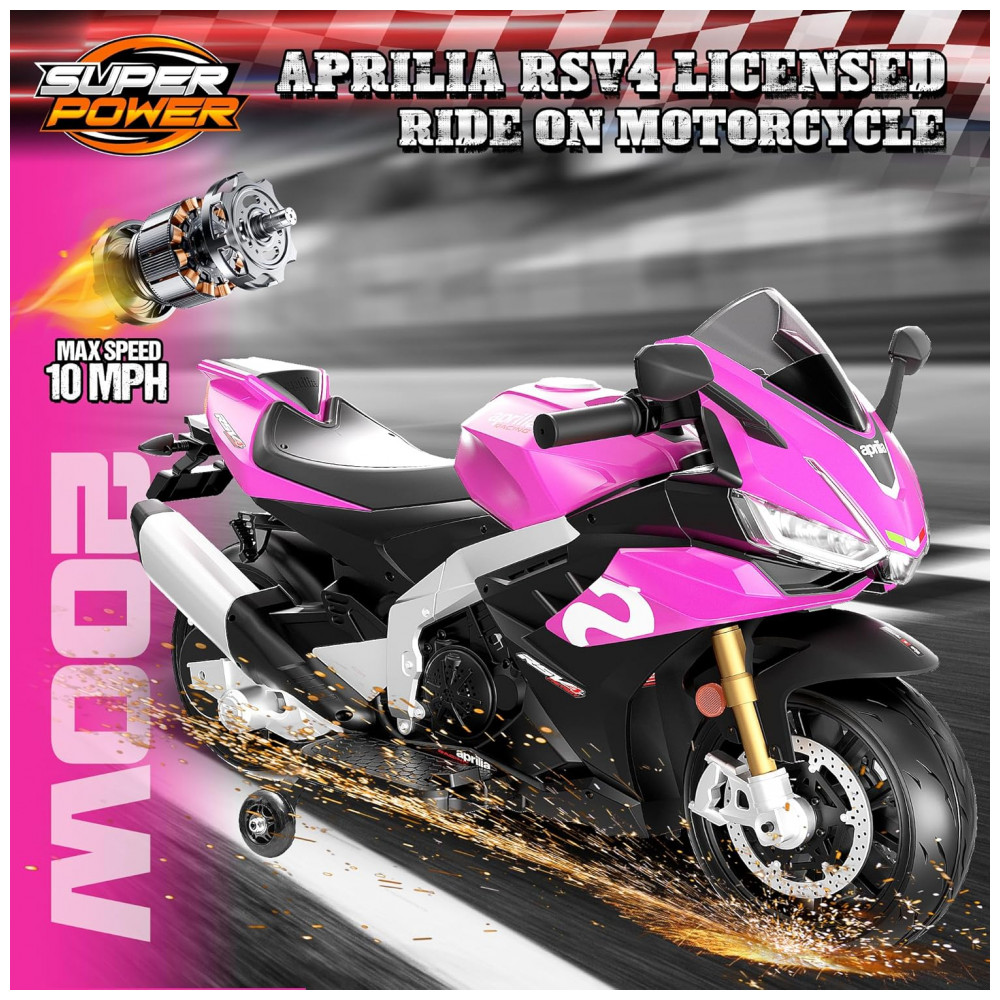 ECTQVC4FCQDF0B_1-1.jpg - Moto Elétrica Infantil Letsgoride Aprilia RSV4 24V Rosa e Preta com Rodinhas de Treinamento Farol Música e USB 200W
