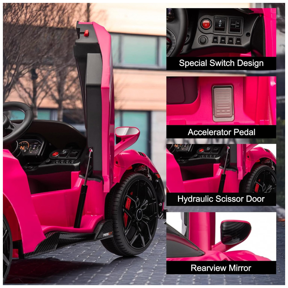 ECTQVDGB32SD0B_5-1.jpg - Carro Elétrico Infantil McLaren 765LT Licenciado 12V, 1 Lugar, 2 Motores 30W, Controle Remoto, Bluetooth, Luzes LED, Rosa